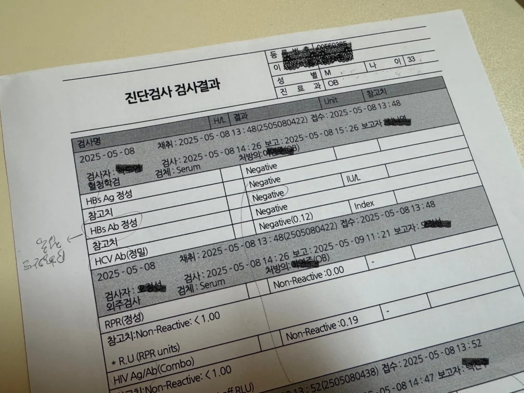 산전 검사 혈액 검사 결과지 - B형 간염 및 풍진 항체 확인