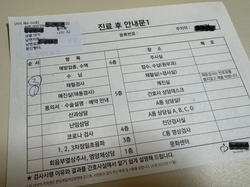 난임 병원 산전 검사 절차 및 동선 안내문